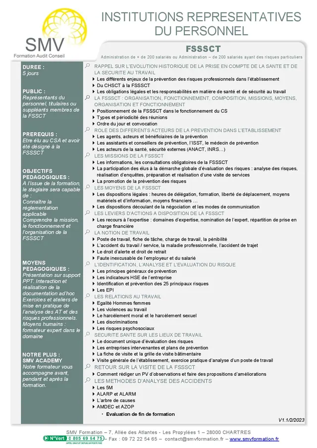 Fiche programme de la formation FSSSCT 5 jours : durée, public, prérequis, objectifs pédagogiques et contenu