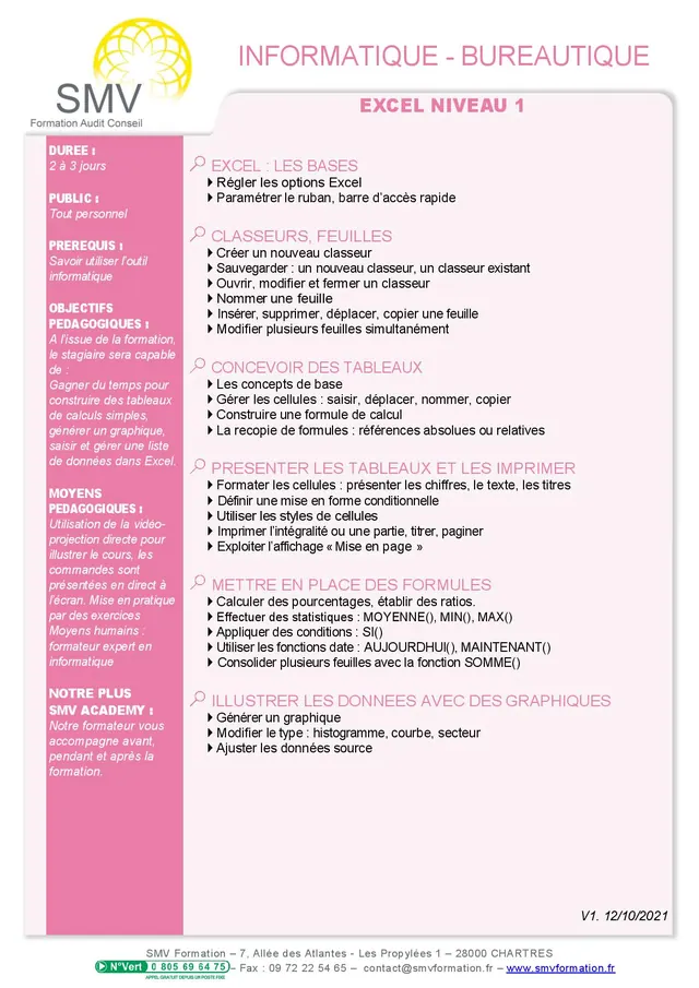Fiche programme de la formation Excel Niveau 1 – 2 à 3 jours : durée, public, prérequis, objectifs pédagogiques et contenu