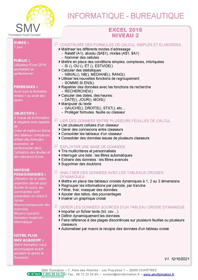 Fiche programme de la formation Excel 2016 Niveau 2- 1 jour : durée, public, prérequis, objectifs pédagogiques et contenu