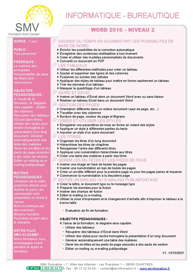 Fiche programme de la formation Word 2016 Niveau 2- 1 jour : durée, public, prérequis, objectifs pédagogiques et contenu