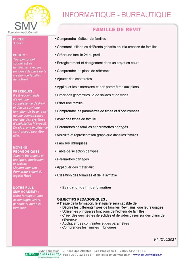 Fiche programme de la formation Famille de revit : durée, public, prérequis, objectifs pédagogiques et contenu