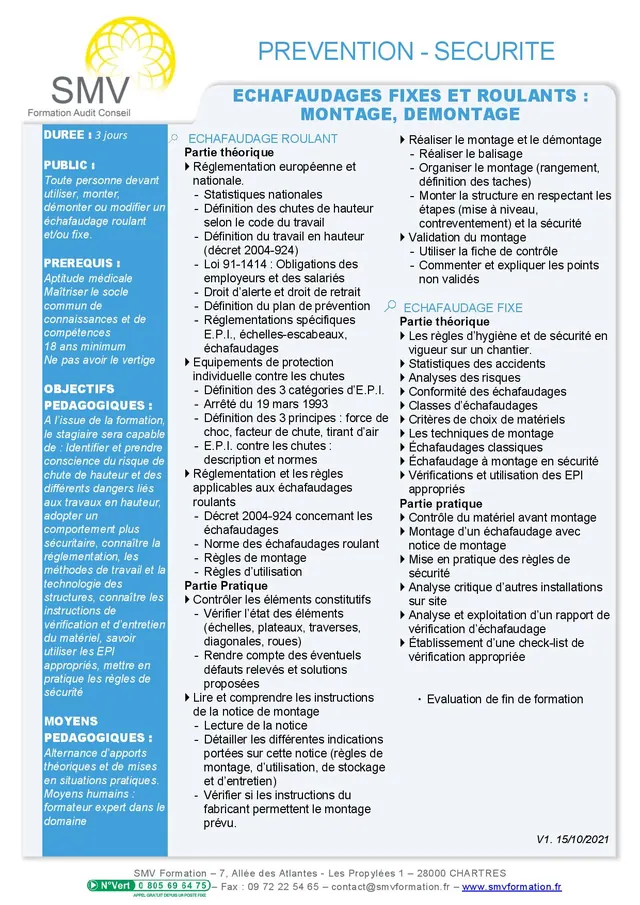 Fiche programme de la formation Echafaudages fixes et roulants : Montage Démontage : durée, public, prérequis, objectifs pédagogiques et contenu