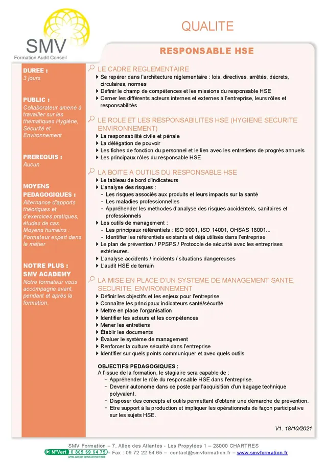 Fiche programme de la formation Responsable HSE : durée, public, prérequis, objectifs pédagogiques et contenu