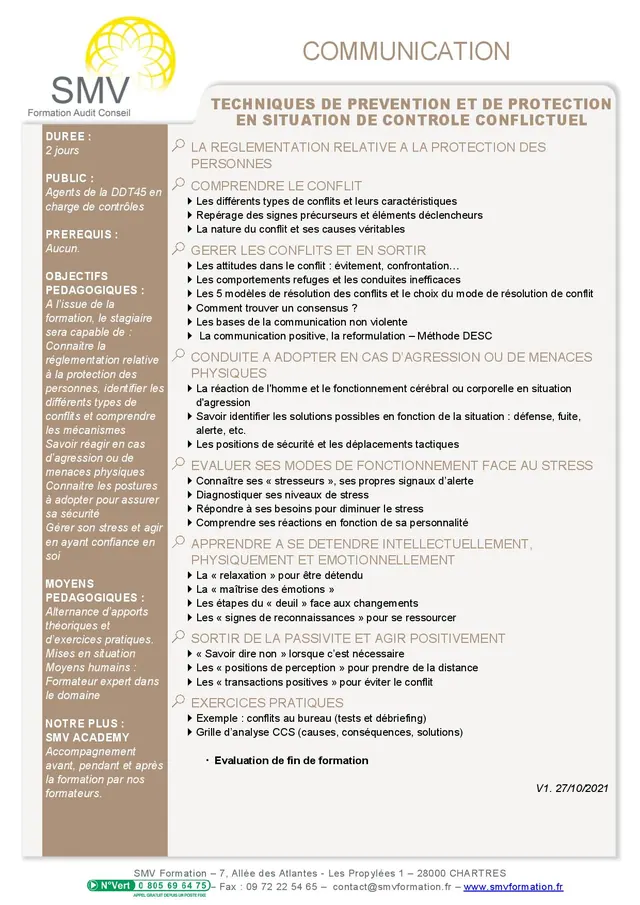 Fiche programme de la formation Techniques de prévention et de protection en situation de contrôle conflictuel : durée, public, prérequis, objectifs pédagogiques et contenu