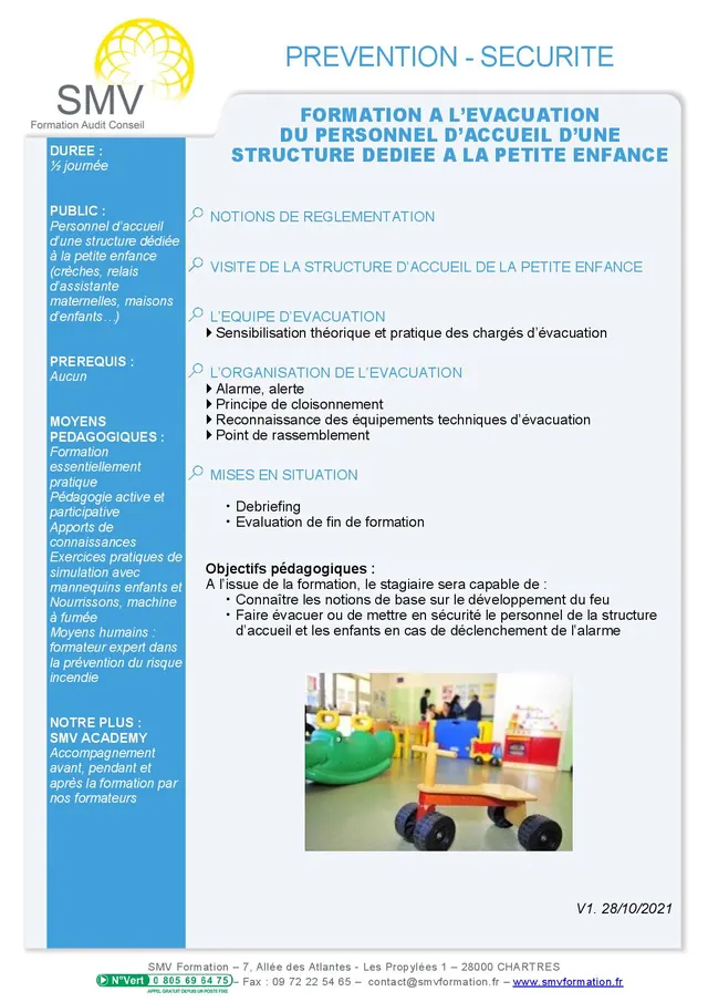 Fiche programme de la formation Formation à l’évacuation du personnel d’une structure dédiée à la petite enfance : durée, public, prérequis, objectifs pédagogiques et contenu