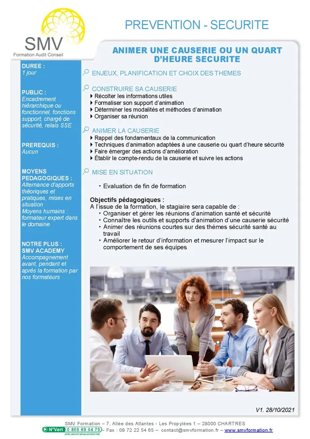 Fiche programme de la formation Animer une causerie ou un quart d’heure sécurité : durée, public, prérequis, objectifs pédagogiques et contenu