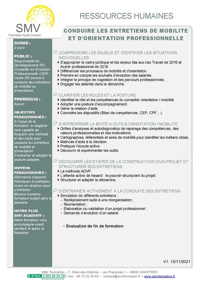 Fiche programme de la formation Conduire les entretiens de mobilité et d’orientation professionnelle : durée, public, prérequis, objectifs pédagogiques et contenu
