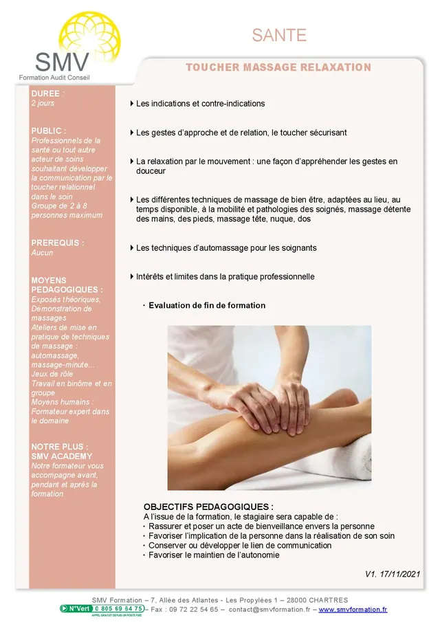 Fiche programme de la formation Toucher massage relaxation : durée, public, prérequis, objectifs pédagogiques et contenu