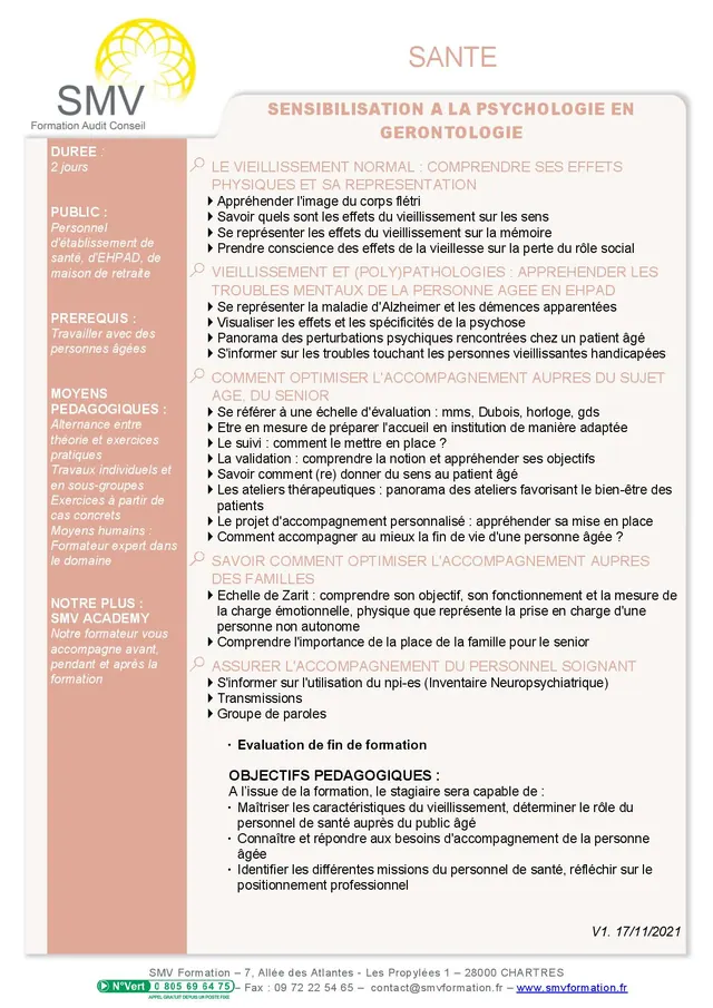 Fiche programme de la formation Sensibilisation à la Psychologie en Gérontologie : durée, public, prérequis, objectifs pédagogiques et contenu