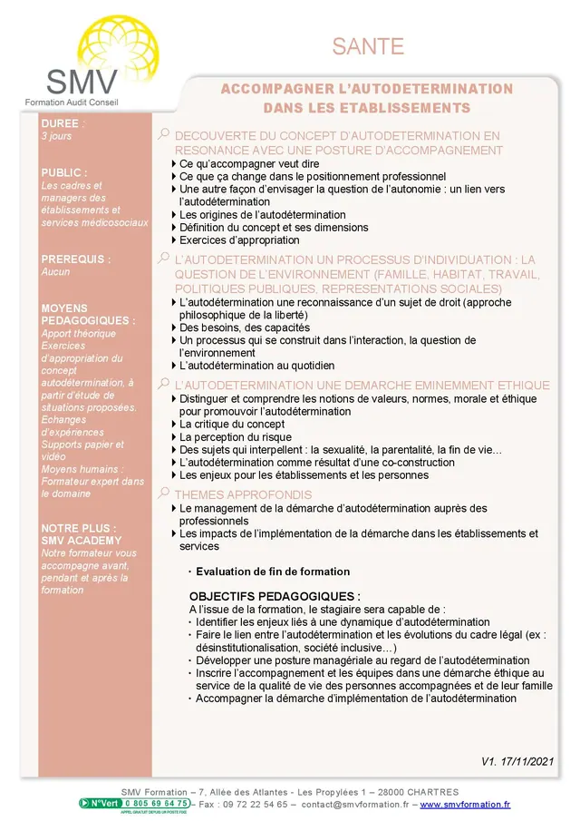 Fiche programme de la formation Accompagner l’autodétermination dans les établissements : durée, public, prérequis, objectifs pédagogiques et contenu