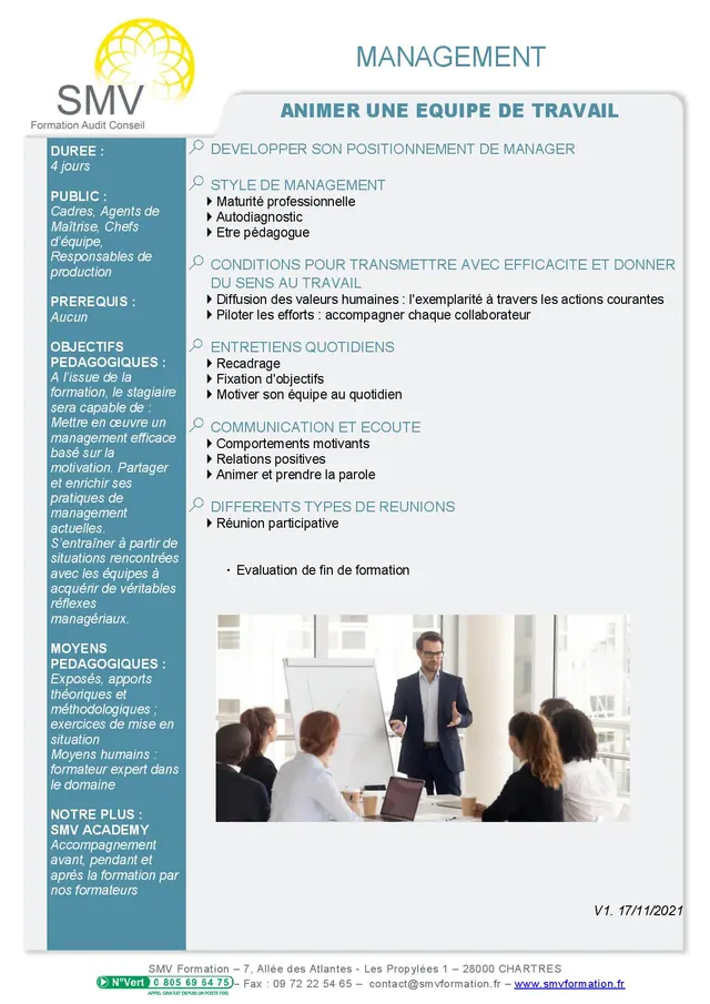 Fiche programme de la formation Animer une équipe de travail : durée, public, prérequis, objectifs pédagogiques et contenu