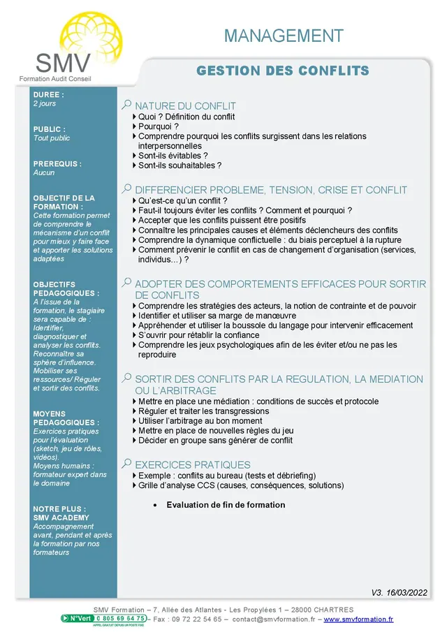 Fiche programme de la formation Gestion des conflits sur mesure : durée, public, prérequis, objectifs pédagogiques et contenu