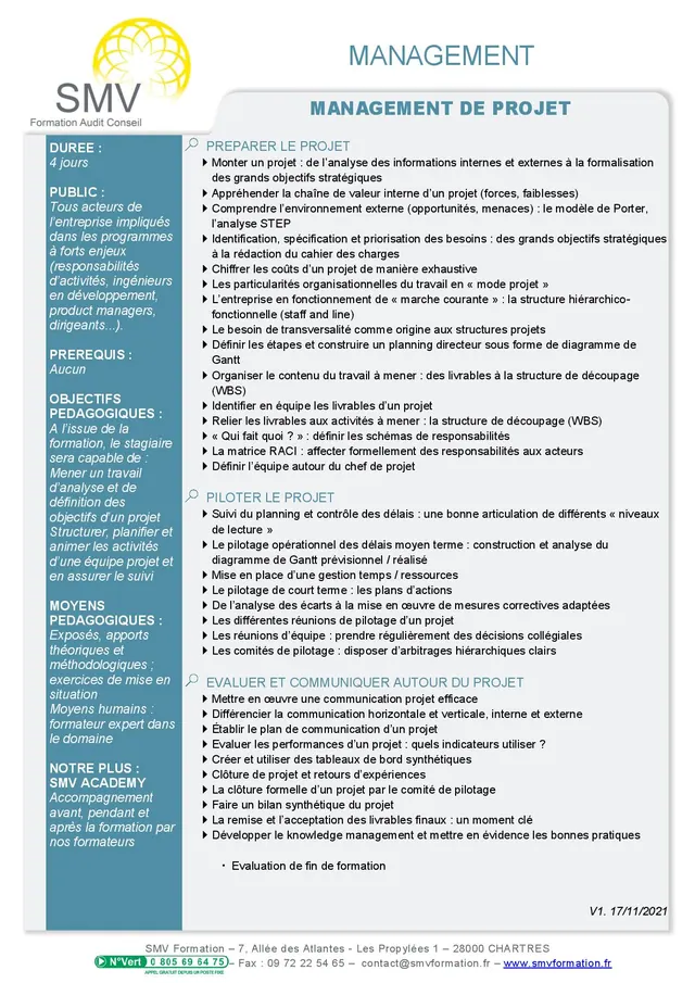 Fiche programme de la formation Management de projet 4 jours : durée, public, prérequis, objectifs pédagogiques et contenu