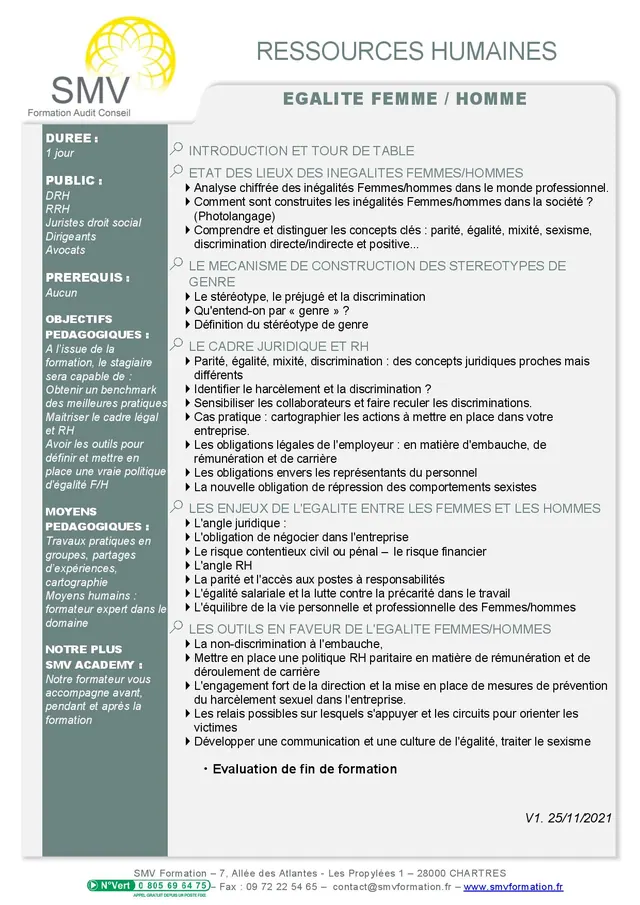 Fiche programme de la formation Egalité Femme Homme : durée, public, prérequis, objectifs pédagogiques et contenu
