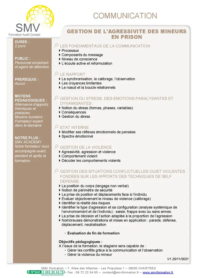 Fiche programme de la formation Gestion de l’agressivité des mineurs en prison : durée, public, prérequis, objectifs pédagogiques et contenu