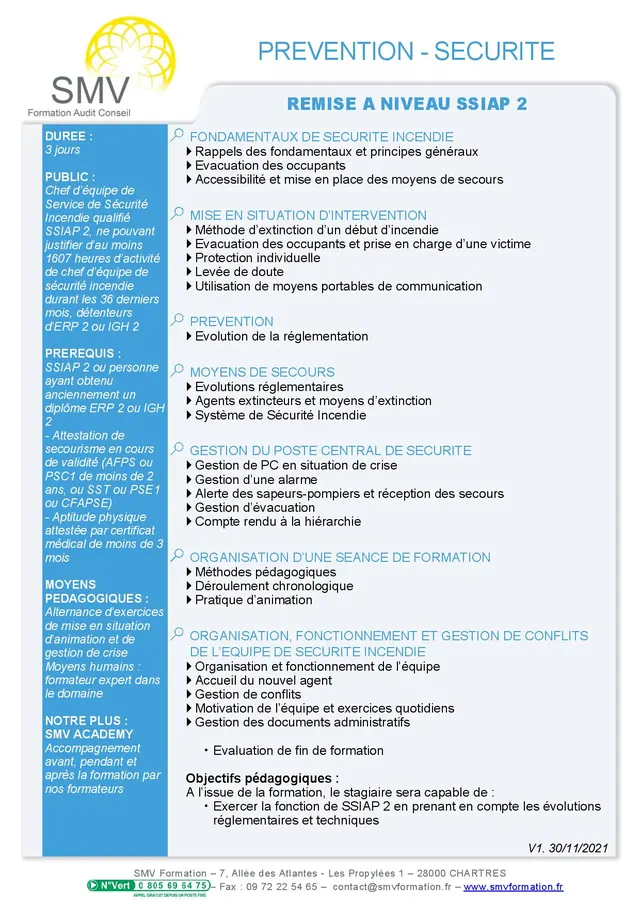 Fiche programme de la formation Remise à niveau SSIAP 2 : durée, public, prérequis, objectifs pédagogiques et contenu