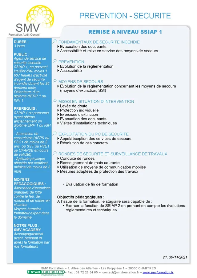 Fiche programme de la formation Remise à niveau SSIAP 1 : durée, public, prérequis, objectifs pédagogiques et contenu