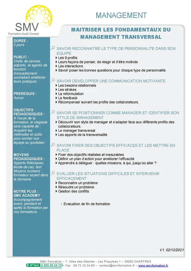 Fiche programme de la formation Maitriser les fondamentaux du management transversal : durée, public, prérequis, objectifs pédagogiques et contenu