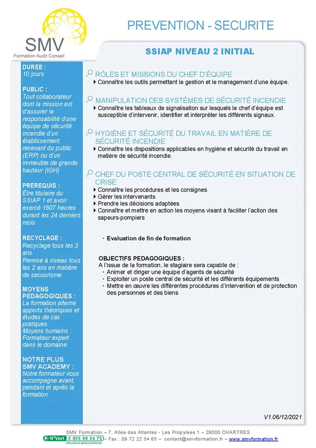 Fiche programme de la formation SSIAP niveau 2 initial : durée, public, prérequis, objectifs pédagogiques et contenu