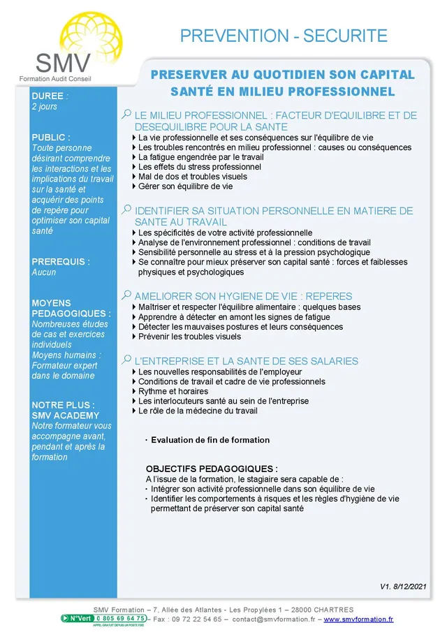 Fiche programme de la formation Préserver au quotidien son capital : durée, public, prérequis, objectifs pédagogiques et contenu
