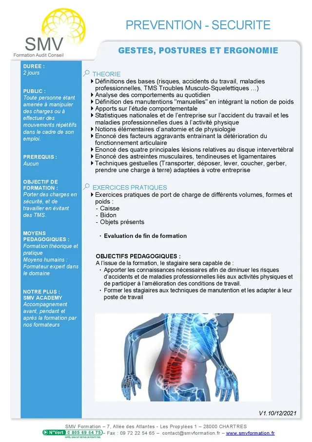 Fiche programme de la formation Gestes, postures et ergonomie 2 jours : durée, public, prérequis, objectifs pédagogiques et contenu