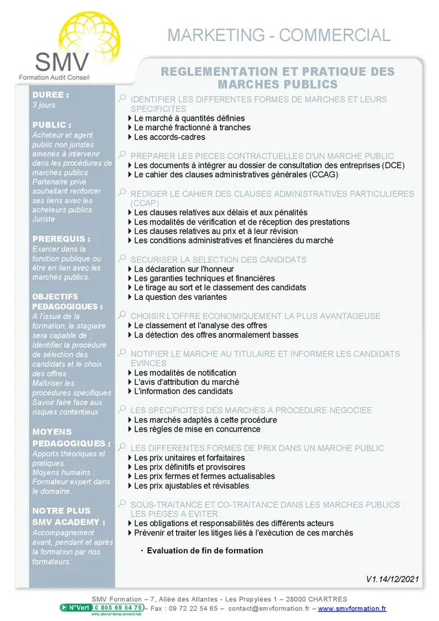 Fiche programme de la formation Réglementation et pratique des marchés publics : durée, public, prérequis, objectifs pédagogiques et contenu