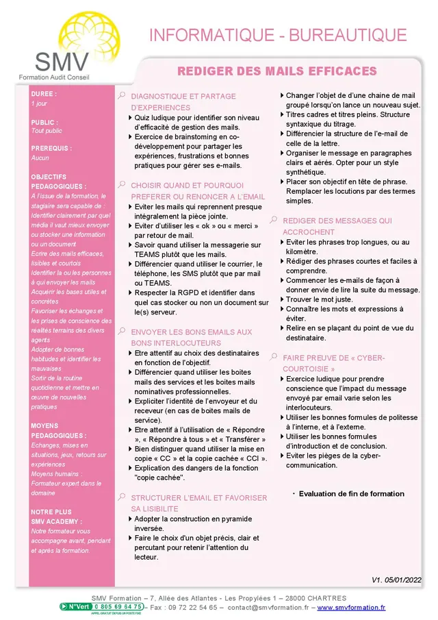 Fiche programme de la formation Rédiger des mails efficaces : durée, public, prérequis, objectifs pédagogiques et contenu