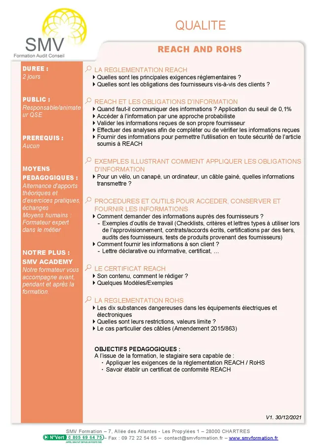 Fiche programme de la formation Reach and Rohs : durée, public, prérequis, objectifs pédagogiques et contenu