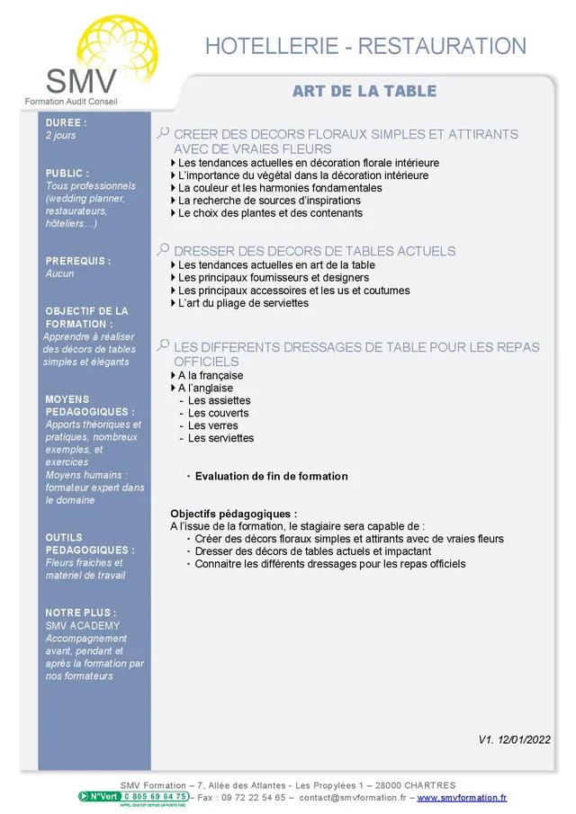 Fiche programme de la formation Art de la table : durée, public, prérequis, objectifs pédagogiques et contenu