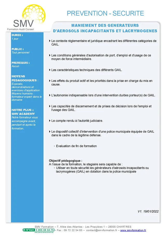Fiche programme de la formation Maniement des générateurs d’aérosols incapacitants et lacrymogènes : durée, public, prérequis, objectifs pédagogiques et contenu