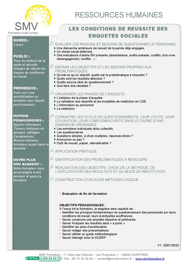 Fiche programme de la formation Les conditions de réussite des enquêtes sociales : durée, public, prérequis, objectifs pédagogiques et contenu
