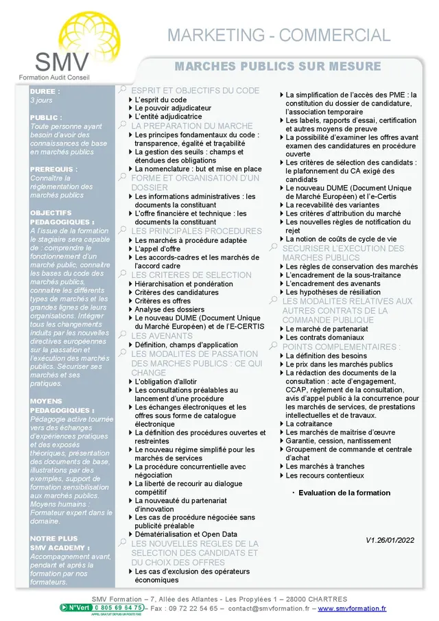 Fiche programme de la formation Marchés publics sur mesure : durée, public, prérequis, objectifs pédagogiques et contenu