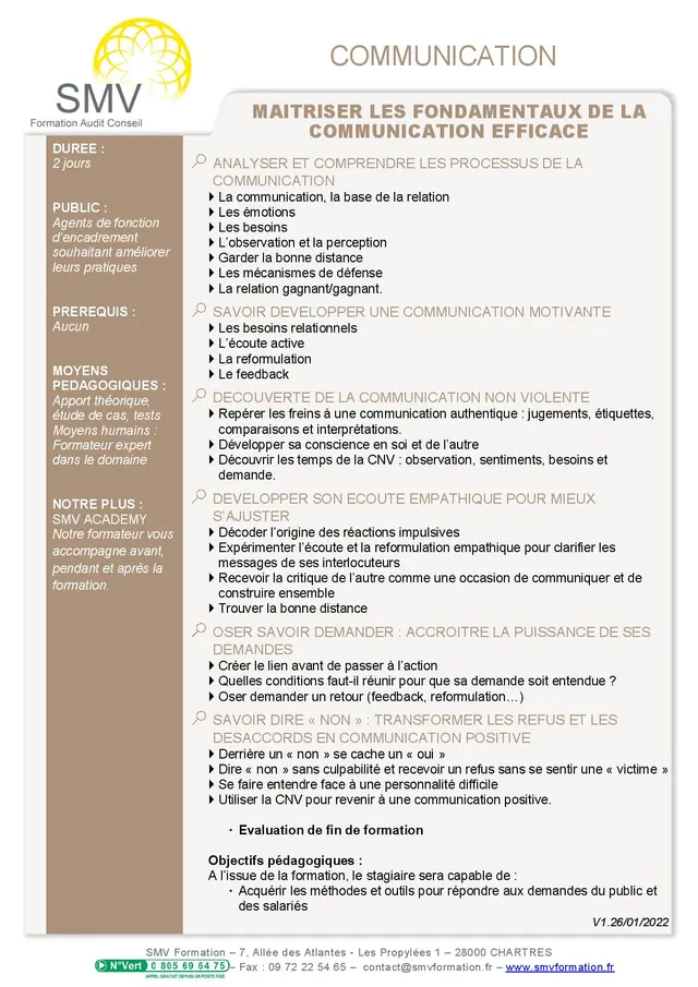 Fiche programme de la formation Maitriser les fondamentaux de la communication efficace : durée, public, prérequis, objectifs pédagogiques et contenu