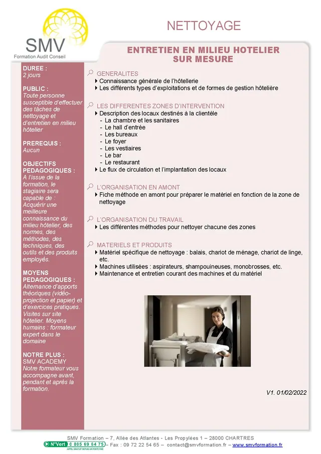 Fiche programme de la formation Entretien en milieu hôtelier : durée, public, prérequis, objectifs pédagogiques et contenu