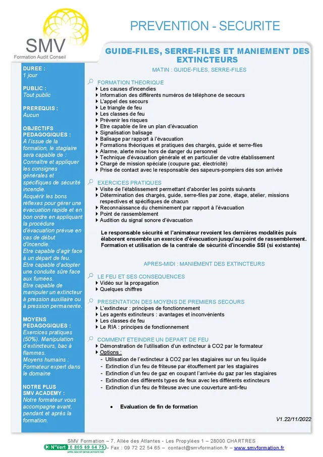 Fiche programme de la formation Guide-files serre-files et maniement des extincteurs sans exercice en zone enfumée 1 jour : durée, public, prérequis, objectifs pédagogiques et contenu