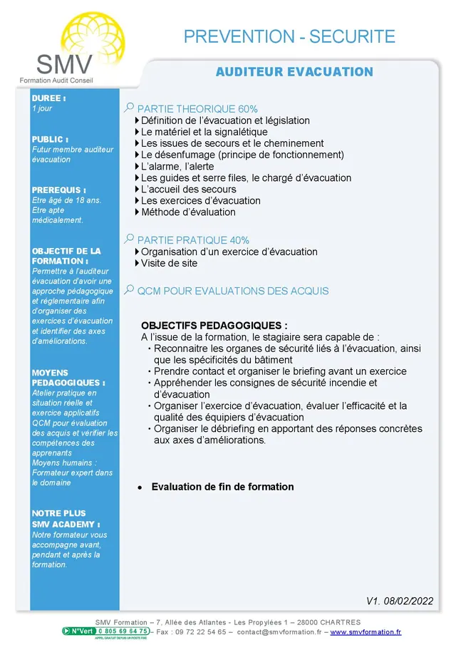 Fiche programme de la formation Auditeur évacuation : durée, public, prérequis, objectifs pédagogiques et contenu