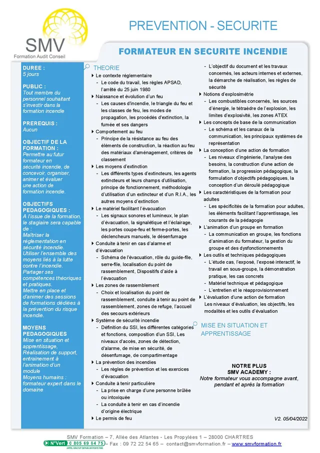 Fiche programme de la formation Formateur en Sécurité Incendie : durée, public, prérequis, objectifs pédagogiques et contenu