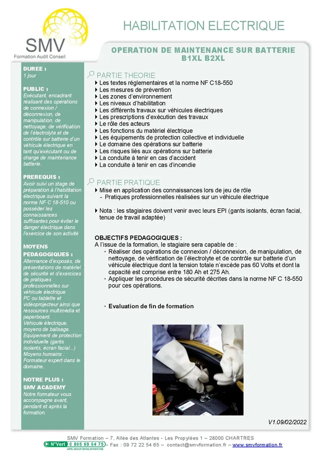Fiche programme de la formation Opération de maintenance sur batterie B1XL B2XL : durée, public, prérequis, objectifs pédagogiques et contenu