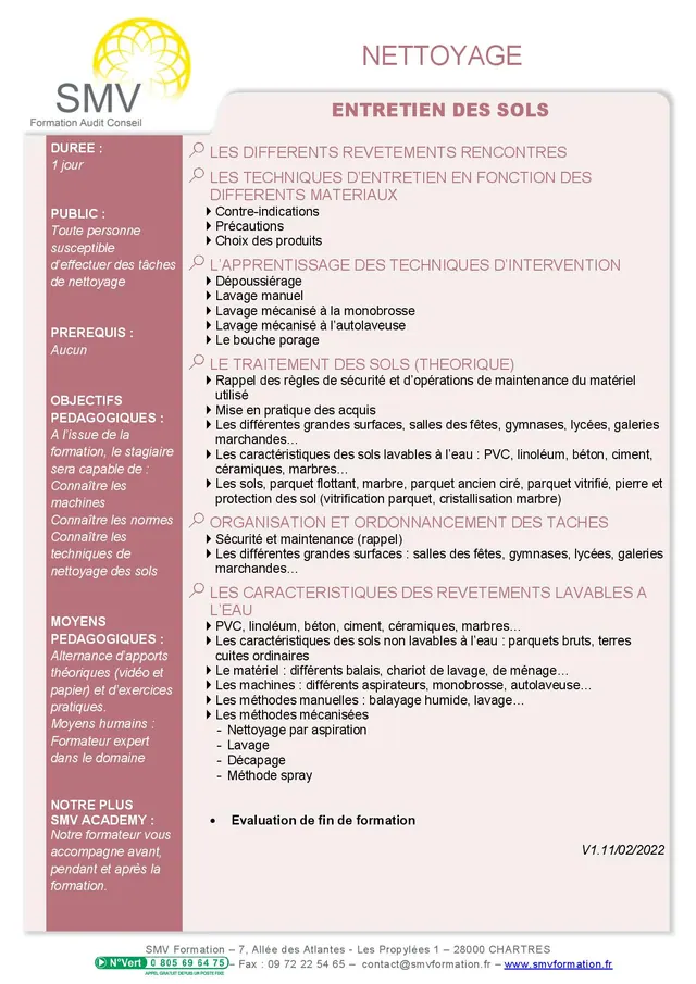 Fiche programme de la formation Entretien des sols : durée, public, prérequis, objectifs pédagogiques et contenu