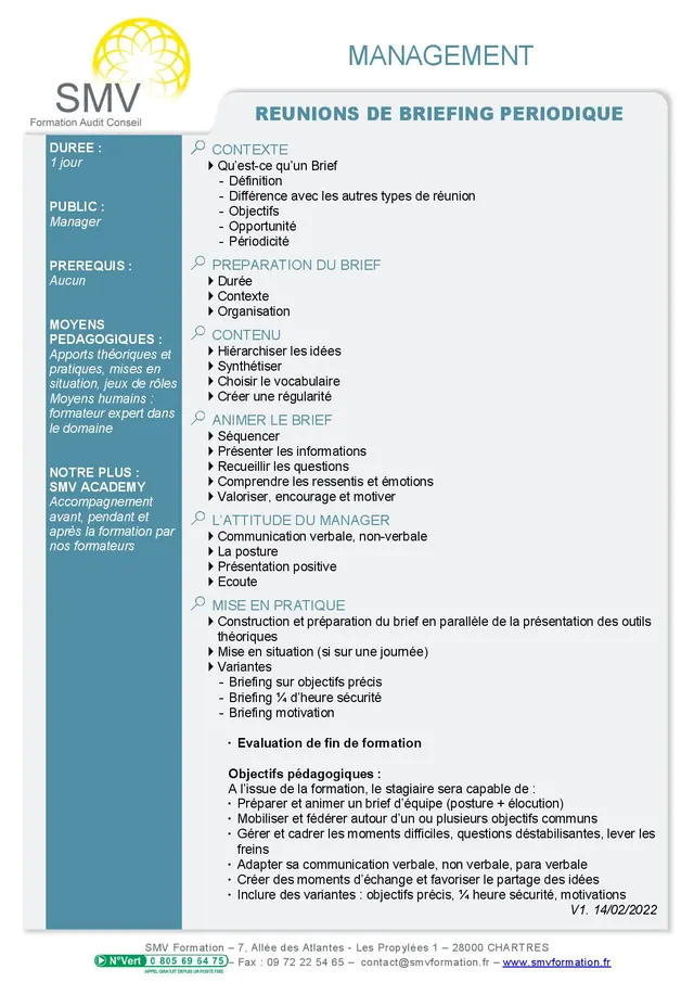 Fiche programme de la formation Réunions de briefing périodique : durée, public, prérequis, objectifs pédagogiques et contenu