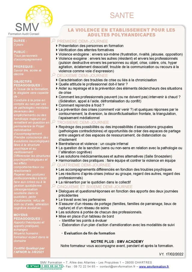 Fiche programme de la formation La violence en établissement pour les adultes polyhandicapés : durée, public, prérequis, objectifs pédagogiques et contenu