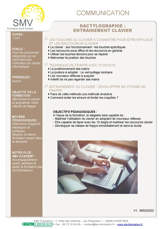 Fiche programme de la formation Dactylographie : entrainement clavier : durée, public, prérequis, objectifs pédagogiques et contenu