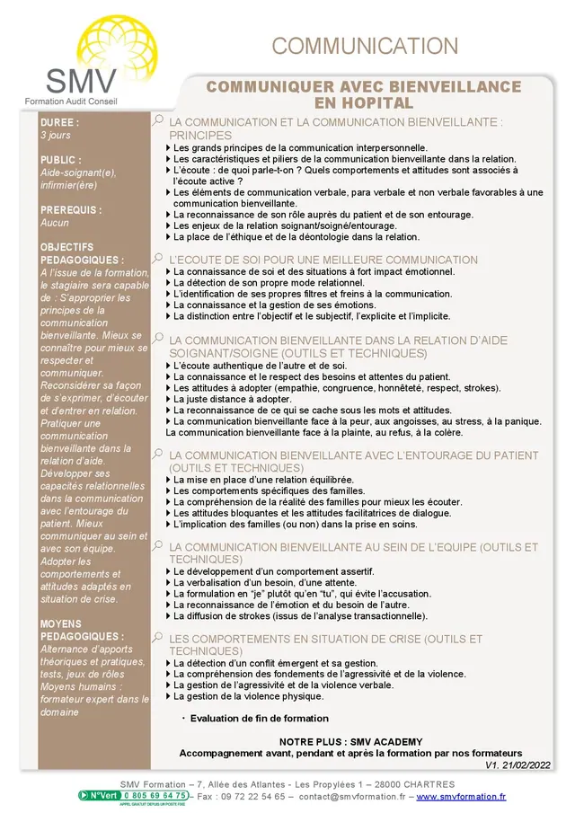 Fiche programme de la formation Communiquer avec bienveillance en hôpital : durée, public, prérequis, objectifs pédagogiques et contenu