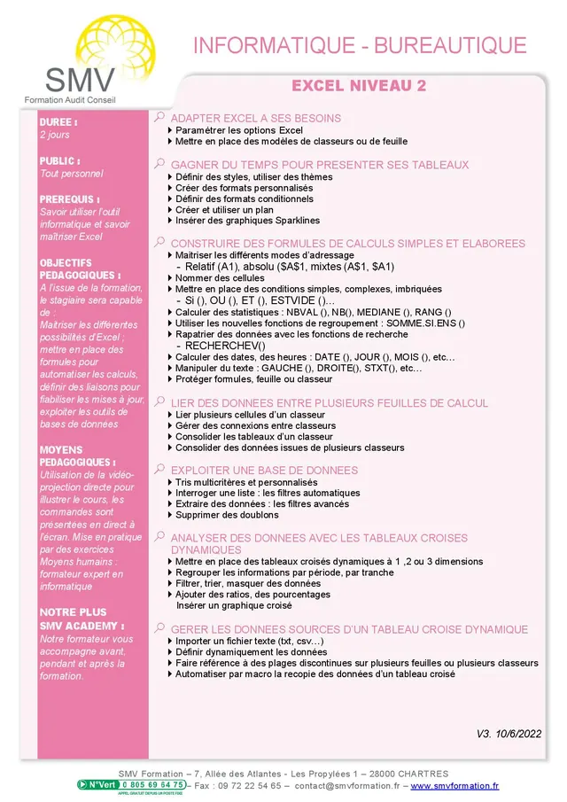 Fiche programme de la formation Excel niveau 2 – 2 jours : durée, public, prérequis, objectifs pédagogiques et contenu