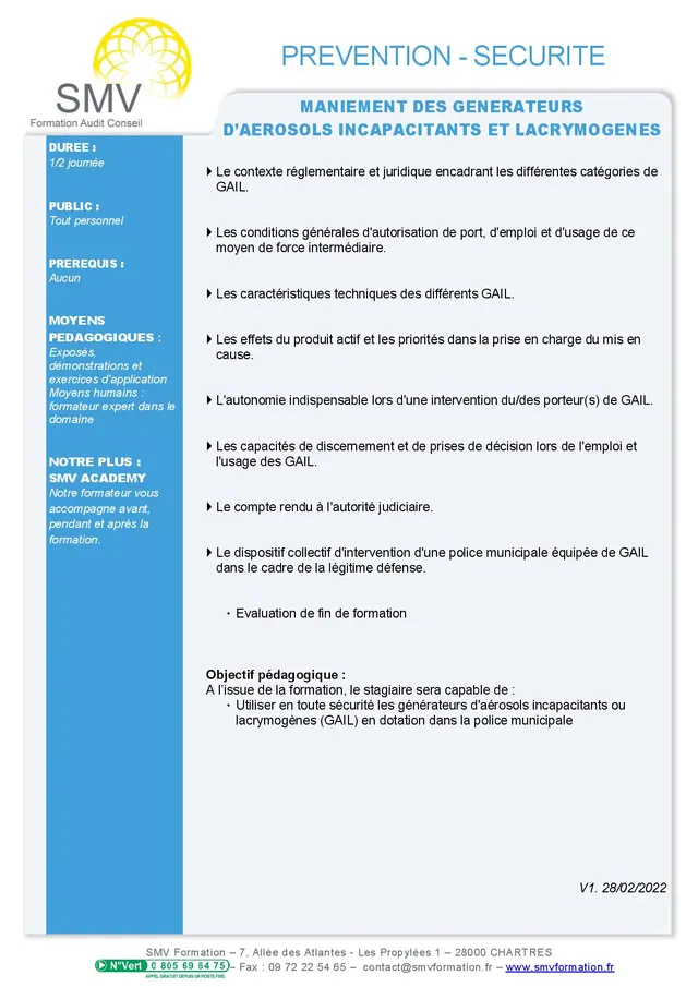 Fiche programme de la formation Maniement des générateurs d’aérosols incapacitants et lacrymogènes demi-journée : durée, public, prérequis, objectifs pédagogiques et contenu