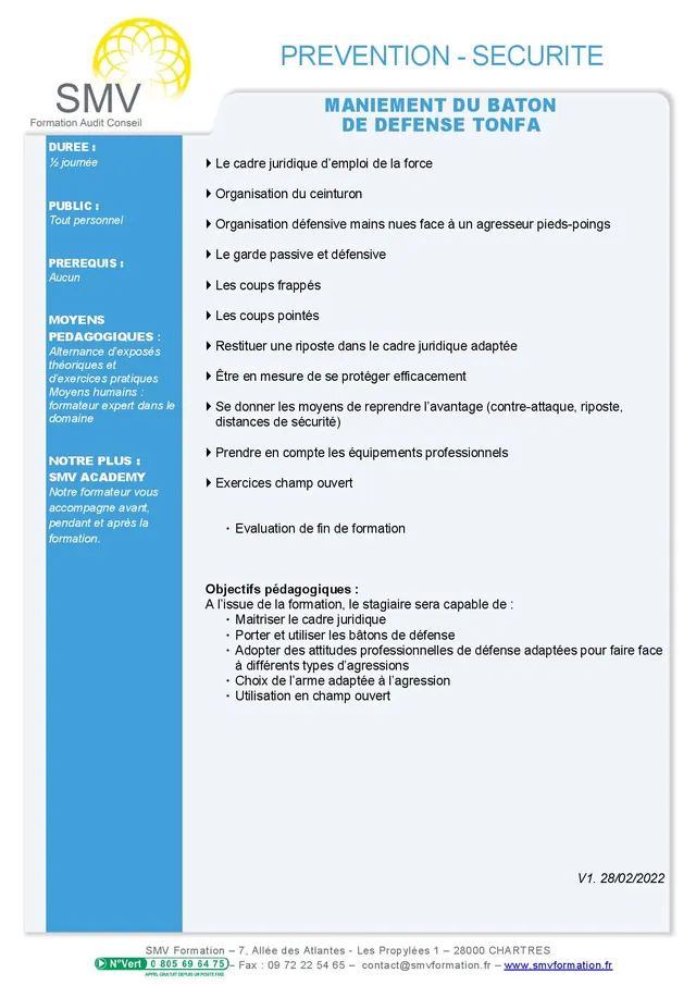 Fiche programme de la formation Maniement du bâton de défense Tonfa demi-journée : durée, public, prérequis, objectifs pédagogiques et contenu
