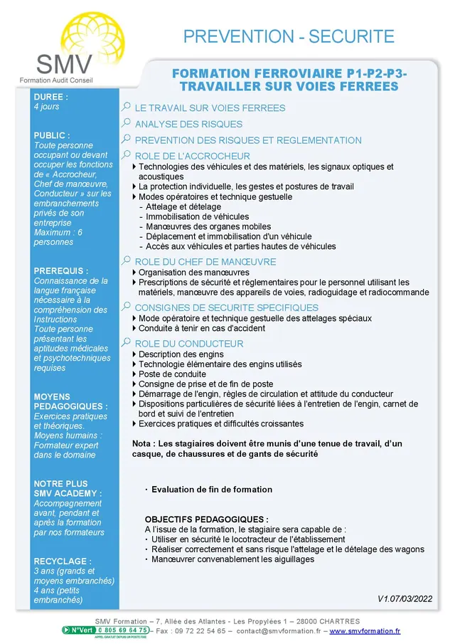Fiche programme de la formation Formation Ferroviaire P1 P2 P3 travailler sur voies ferrées : durée, public, prérequis, objectifs pédagogiques et contenu