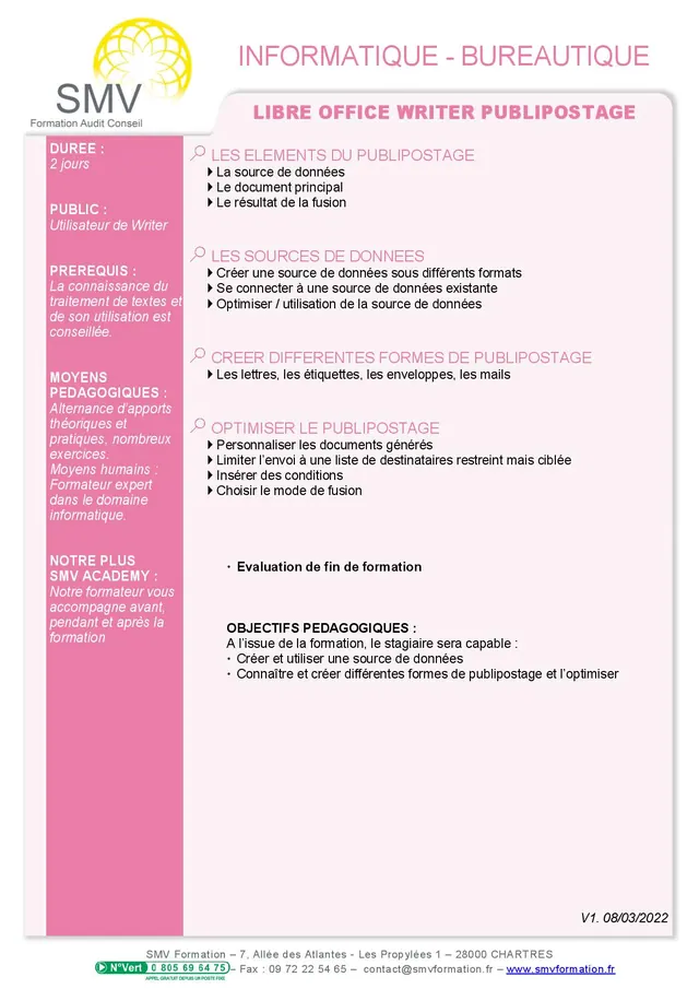 Fiche programme de la formation Libre office writer publipostage 2 jours : durée, public, prérequis, objectifs pédagogiques et contenu