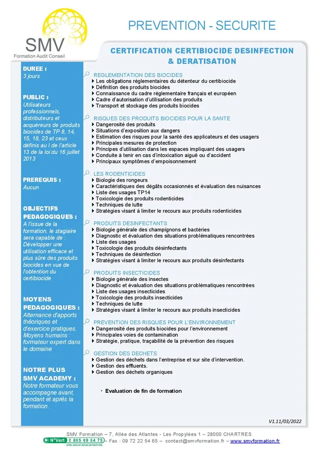 Fiche programme de la formation Certification certibiocide désinfection et dératisation : durée, public, prérequis, objectifs pédagogiques et contenu