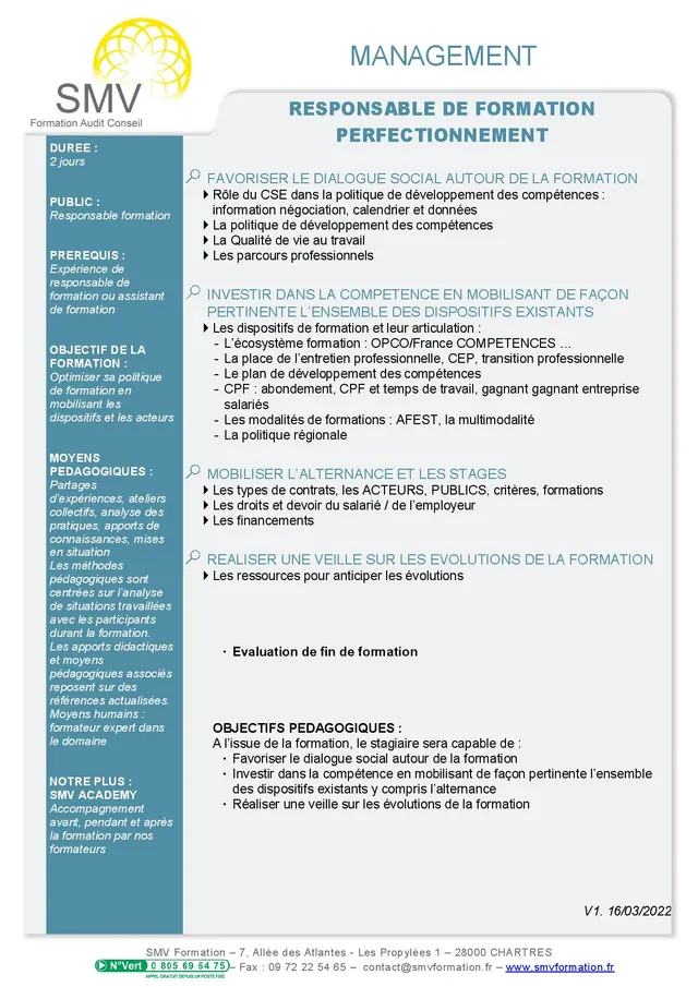 Fiche programme de la formation Responsable de formation Perfectionnement : durée, public, prérequis, objectifs pédagogiques et contenu